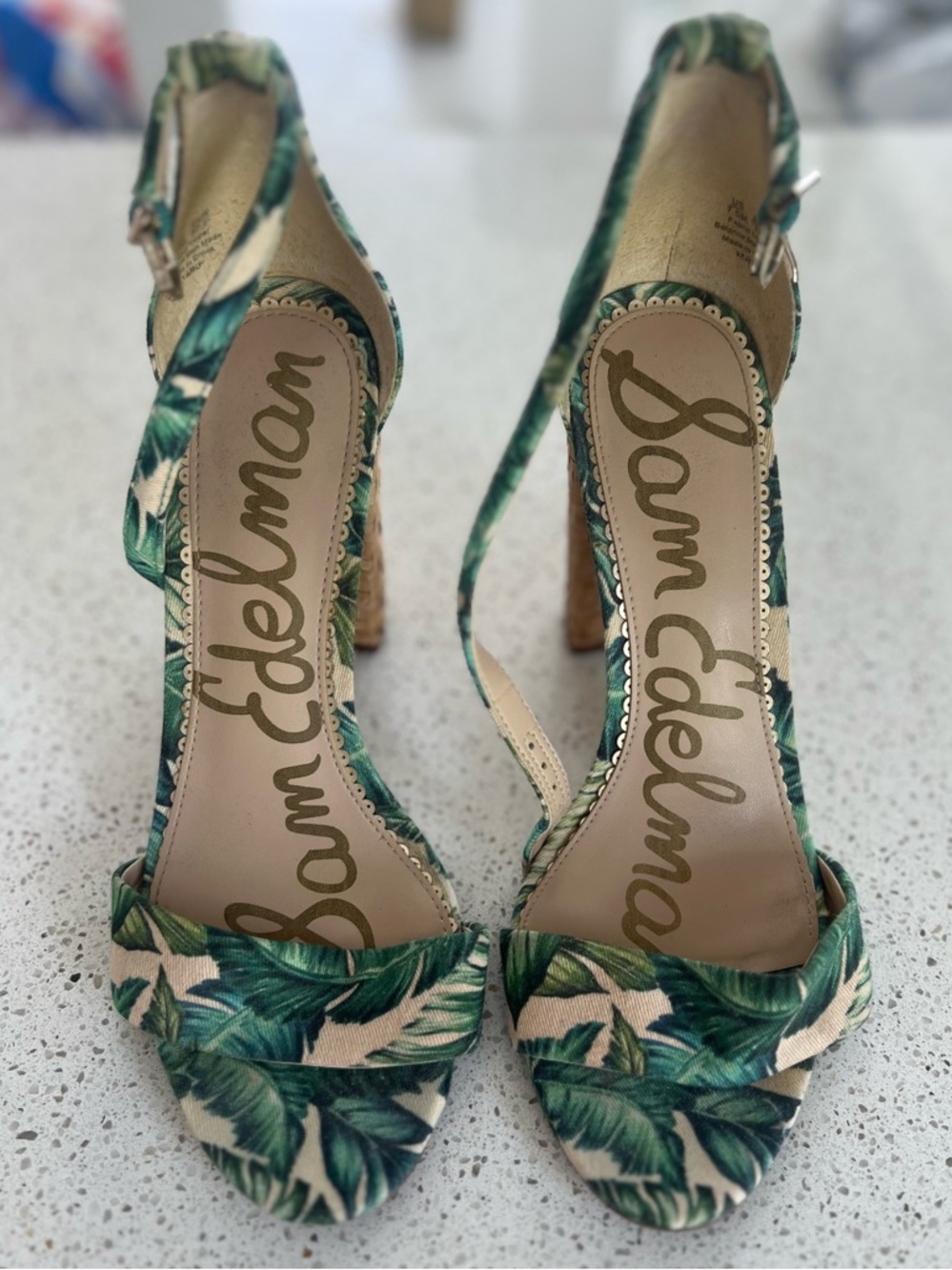 Sam Edelman Green Tropical Leaf Ankle-Strap Heels